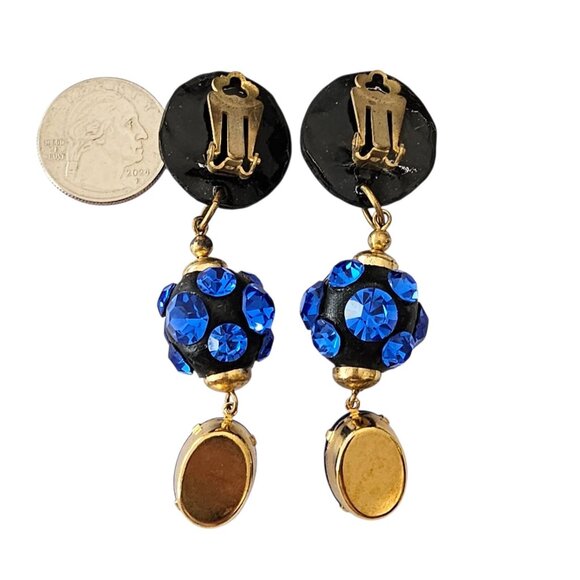 Vintage Blue Clip-On Rhinestone Ball Statement Dangle Earrings - Picture 6 of 8